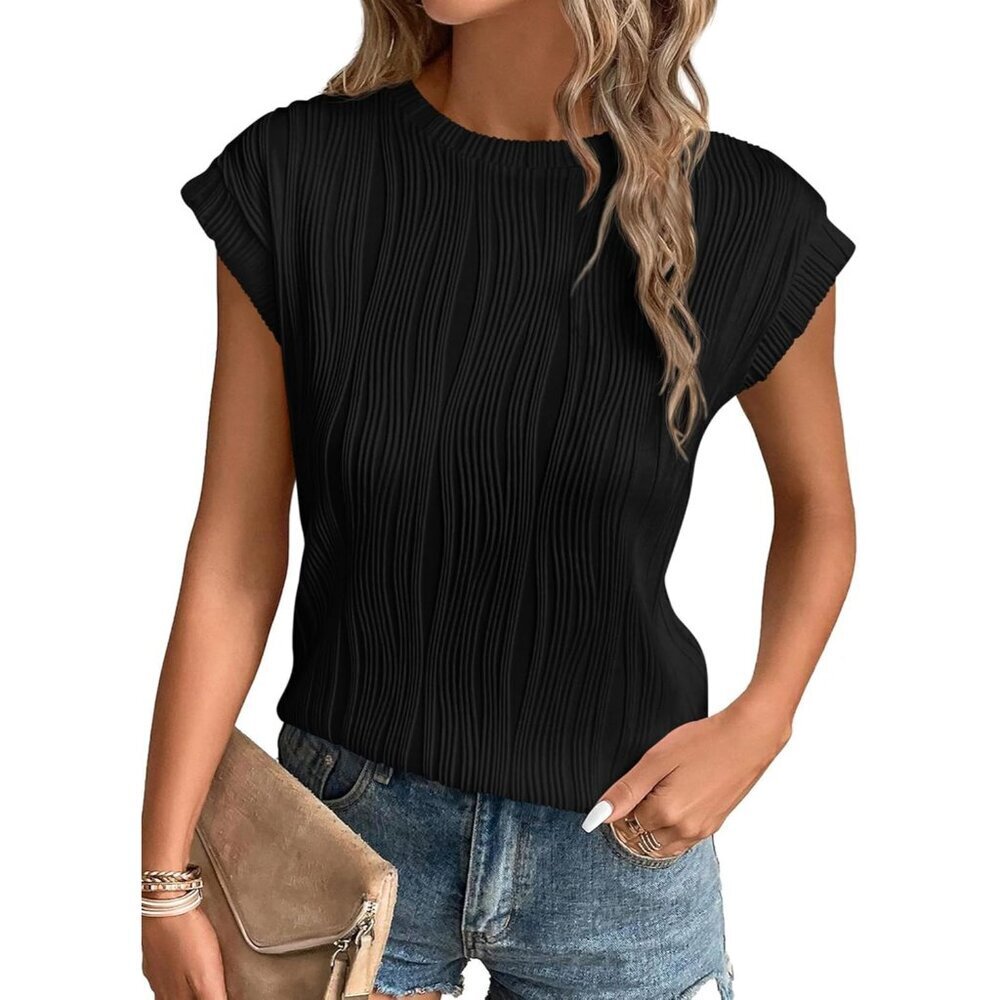 Women Blouses Textured Fabric Cap Sleeve Casual Office Tops Medium
